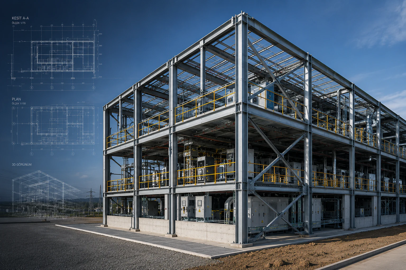 Teknik yapı, trafo merkezi ve statik koordinasyon görseli.